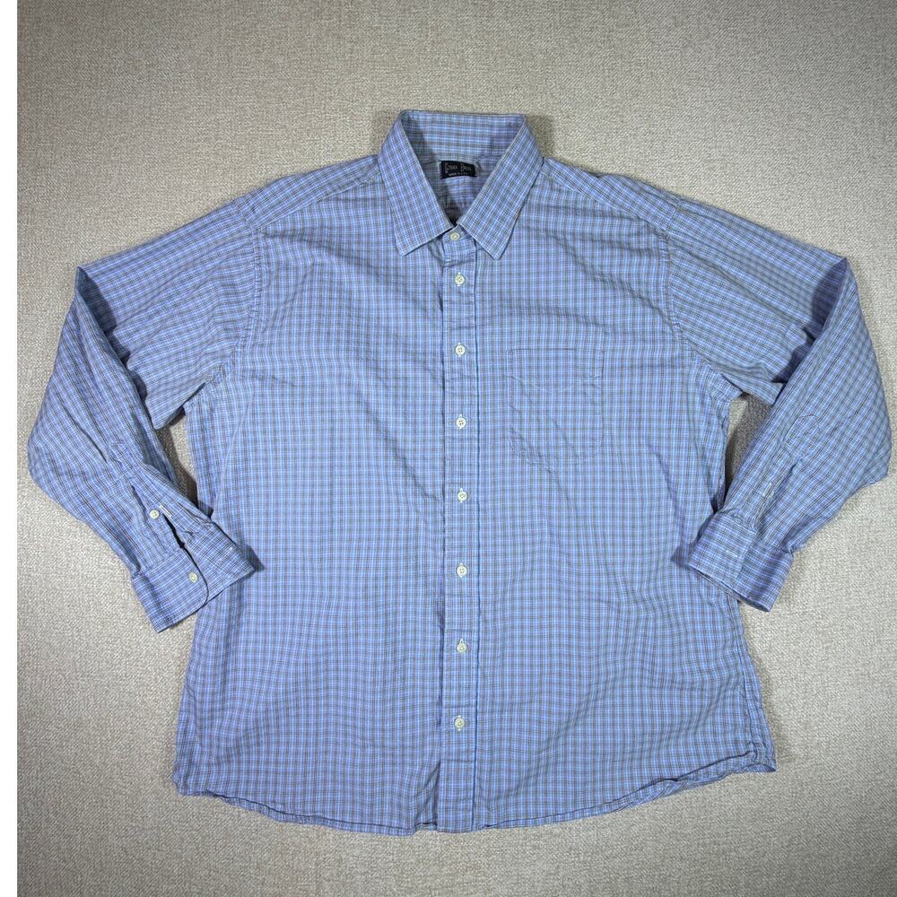 Gitman Bros Mens 2XL Blue Tan Plaid Long Sleeve Button Front Shirt Casual Cotton